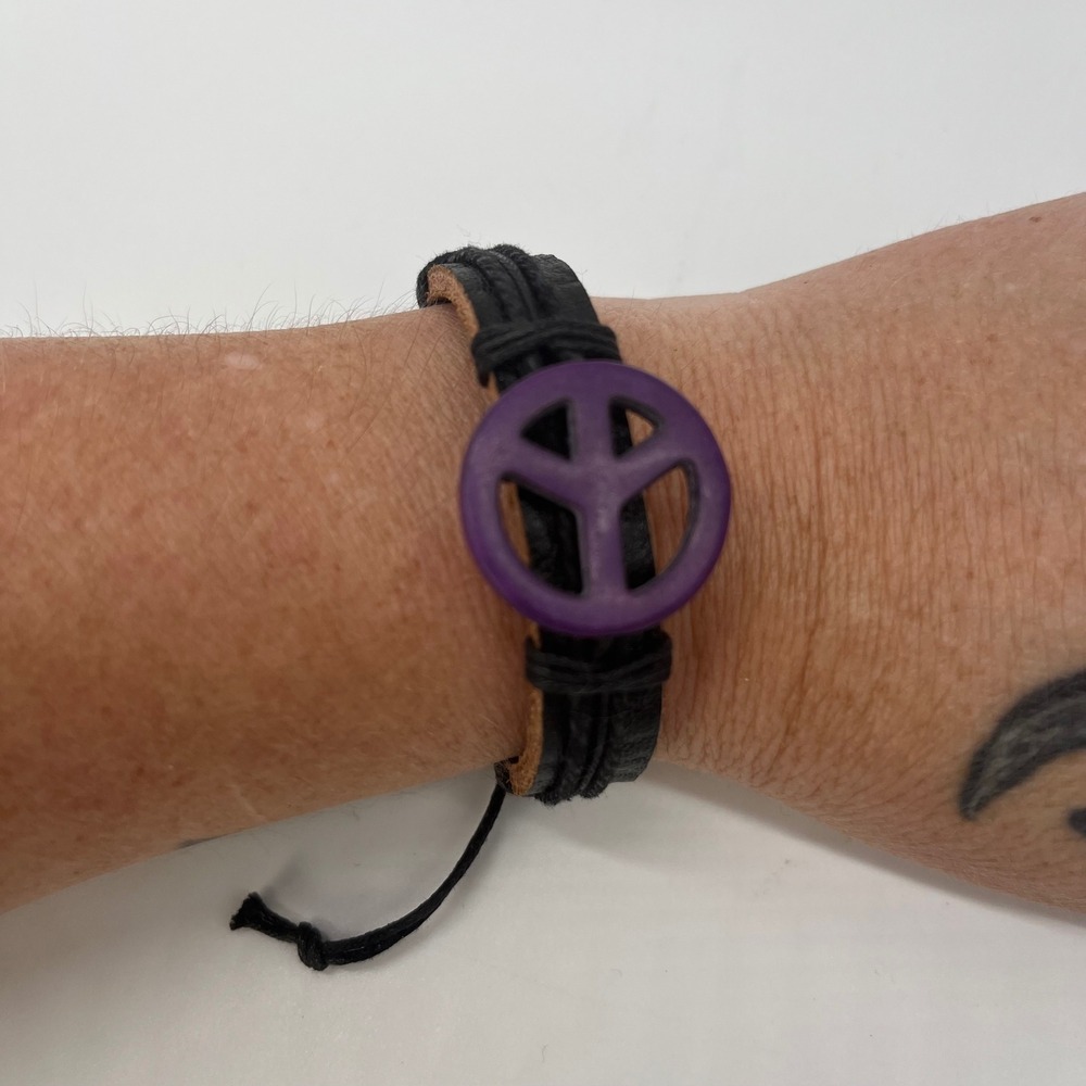Vtg 90s Y2K Black Leather‎ Purple Peace Sign Bracelet Adjustable Hippie Boho EUC